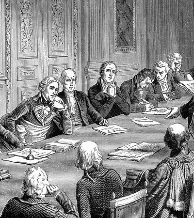 Black and white engraving of a historical meeting with men in 18th-century attire seated around a large table.