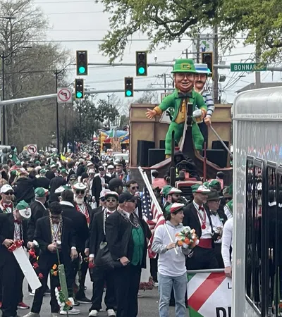 Crowd in green attire and suits parading down city street with large leprechaun float during festive event.