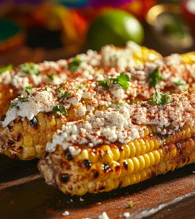 Grilled corn on the cob topped with cheese, spices, and fresh herbs, served on a wooden platter.