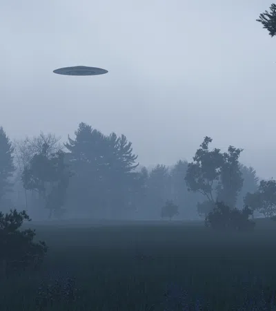 Foggy forest landscape with a dark UFO hovering above the treetops at dawn or dusk.
