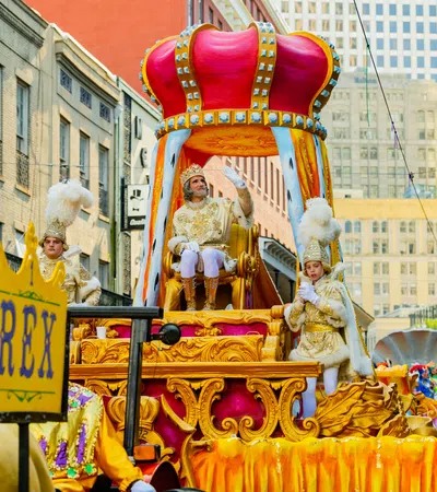 Royal procession float with King Rex and attendants in ornate gold costumes during city parade.