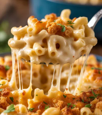 Close-up of creamy baked macaroni and cheese with melted cheese pull and breadcrumb topping, garnished with herbs.