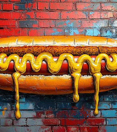 3D mural of a hot dog with mustard dripping, painted on a colorful brick wall with red, blue, and yellow hues.