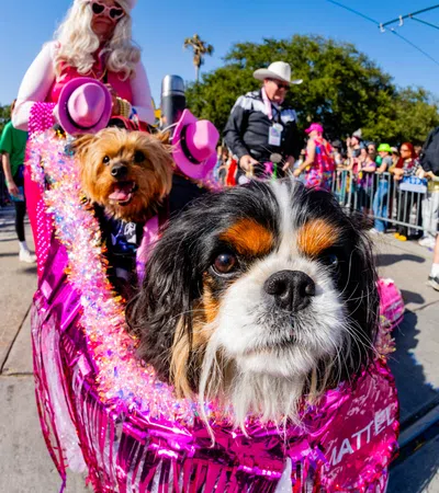 a group of dogs wearing clothing