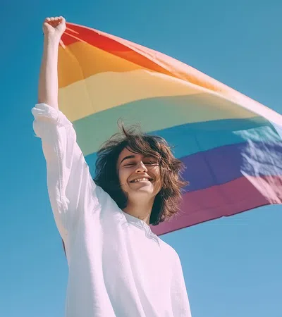 a person holding a rainbow flag