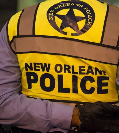 Back view of New Orleans police officer wearing a yellow reflective vest during nighttime patrol.