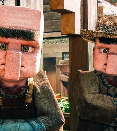 Two stylized, animated characters with distinctive features in a rustic village setting.