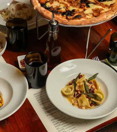 a table is filled with food