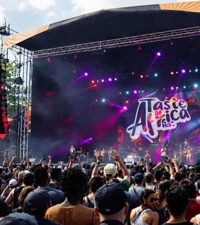 Large crowd enjoying live music at a vibrant outdoor Taste of Africa Fest stage with colorful lights