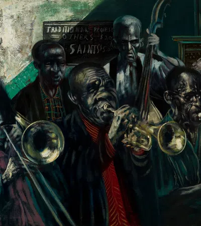 Dark-toned painting of five jazz musicians playing trombone, trumpet, double bass, and clarinet in an intimate setting.