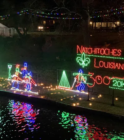 a sign with lights and a fountain