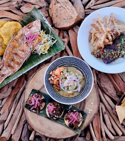 Variety of plated dishes including grilled fish, fries, tacos, ceviche, and chips on rustic wooden table.