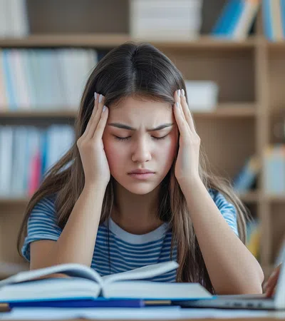 Young woman studying with books and laptop, holding her head in frustration or stress in a home library.