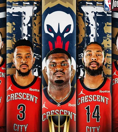 Brandon Ingram, C.J. McCollum, Jonas Valanciunas et al. are posing for a picture