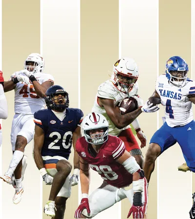 College football players from various teams in action poses with uniform colors against a beige striped background