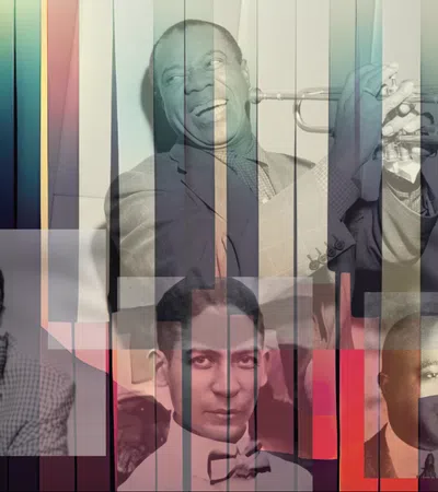 Collage of famous jazz musicians overlaid on colorful piano keys with warm and cool tones blending together.