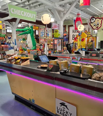 Colorful grocery store checkout area with playful decor, snacks, and a relaxed cat resting on the conveyor belt.