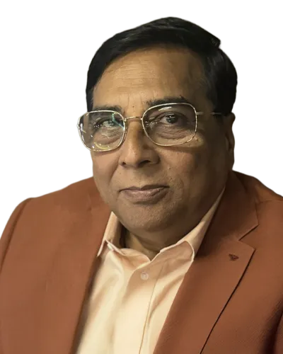 Middle-aged man with glasses wearing a brown blazer and light peach shirt against a transparent background