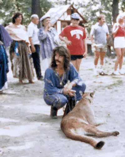 Group of people outdoors with man crouching beside a large resting mountain lion on sandy ground.
