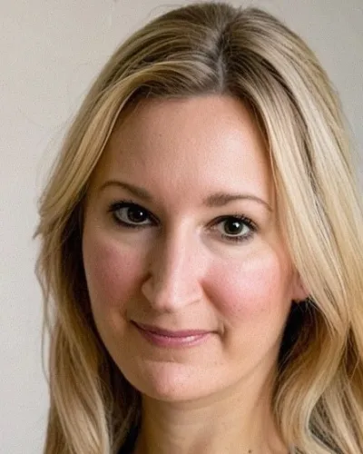 Portrait of a smiling blonde woman with light makeup and clear skin against a plain background