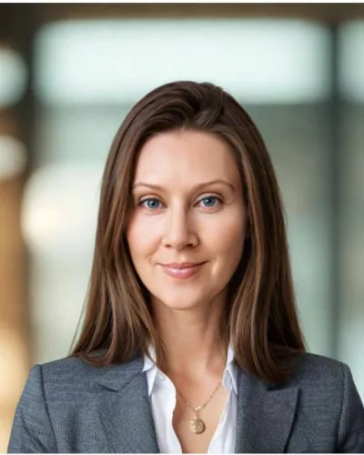 Professional woman with long brown hair wearing gray blazer and white shirt posing against blurred office background