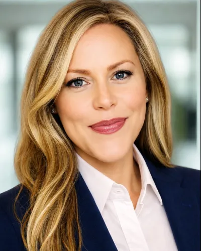 Professional woman with blonde hair wearing a navy blazer and white shirt smiling against blurred background
