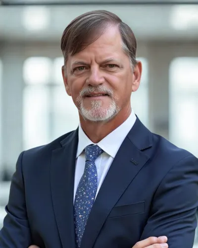 Confident middle-aged man with gray beard wearing navy suit and patterned tie posing with arms crossed indoors