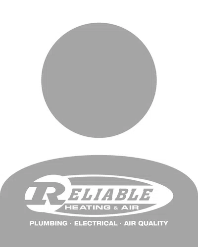 Reliable Heating & Air company logo featuring plumbing, electrical, and air quality services in white on gray background.