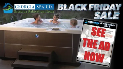 Three people relaxing in a hot tub during Georgia Spa Co's Black Friday sale promotion.