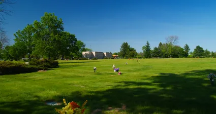 a grassy field with people on it