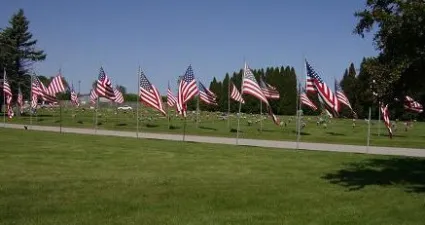 a row of flags on poles
