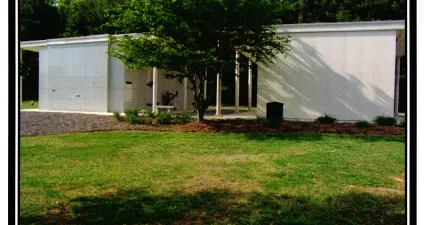 a white building with a tree in front of it
