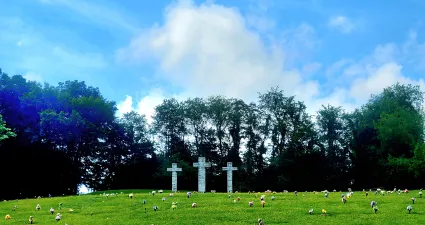 a grassy field with a cross and trees in the background