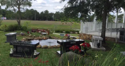 a garden with flowers and a pond