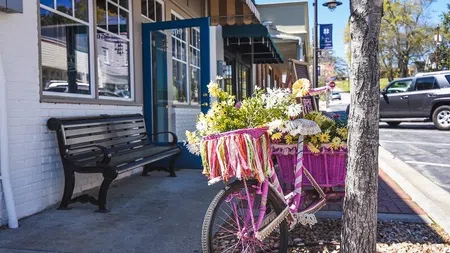 Pink bicycle with baskets full of flowers parked on a sidewalk next to a bench and storefront.