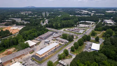 Aerial view of Lithonia with commercial buildings