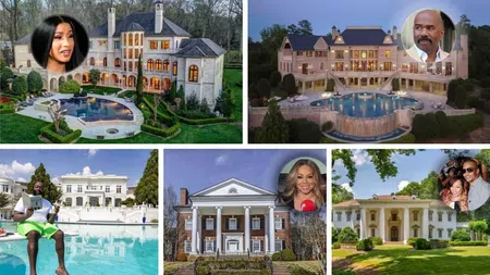 Collage of luxury celebrity mansions with inset portraits of owners Cardi B, Steve Harvey, Shaquille O'Neal, Mariah Carey, and family.