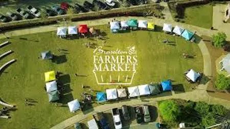 Aerial view of outdoor farmers market with white and colorful tents arranged in a circle on green grass.
