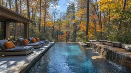 Outdoor pool with stone waterfall and lounge chairs surrounded by autumn forest under clear blue sky.
