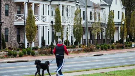 Person walking a black dog along a sidewalk in front of modern townhouse apartments with greenery and lampposts.