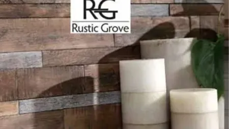 Rustic Grove logo over textured wood wall with stacked ceramic vases and green leaf for natural decor.