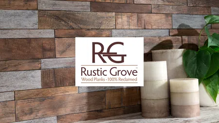 Rustic Grove logo on a reclaimed wood plank wall with candles and a green plant on the side