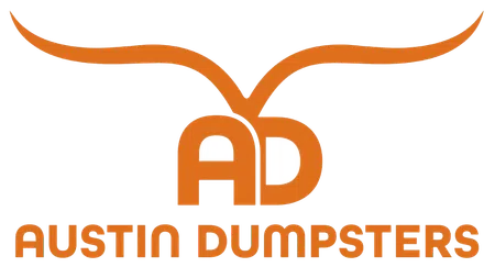 Austin Dumpsters logo with stylized orange initials AD and longhorn horns above company name.