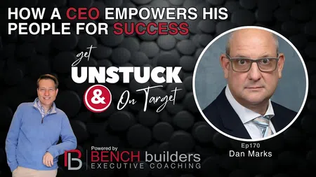 Business coaching image showing CEO empowerment for success with portraits and motivational text on black background.