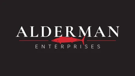 Alderman Enterprises logo with white text and a red fish silhouette on a black background.