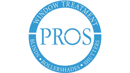 Blue circular logo for Window Treatment Pros featuring blinds, rollershades, and shutters services.