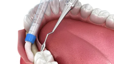 Dental procedure showing a tool applying treatment to a molar inside the mouth with surrounding teeth and tongue visible