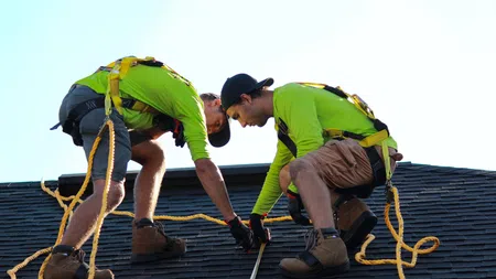 labor compliant men working on a roof