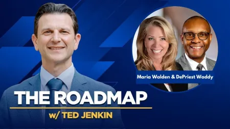 Host Ted Jenkin with guests Maria Walden and DePriest Waddy on The Roadmap podcast cover with blue background.