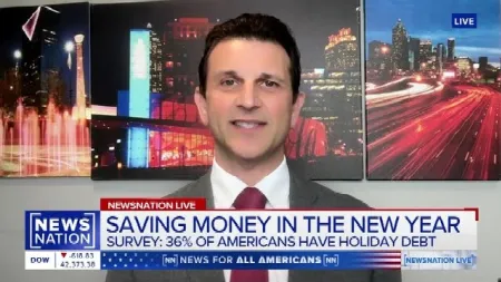 News anchor discusses saving money in the new year with graphics of cityscapes at night behind him.